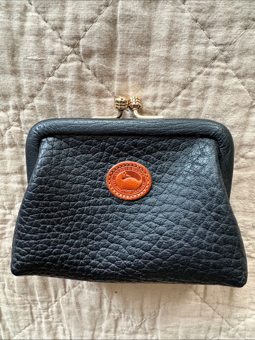 NWOT!**Vintage**Dooney & Bourke Black Leather Kiss-Lock Coin Purse w/Brown Logo